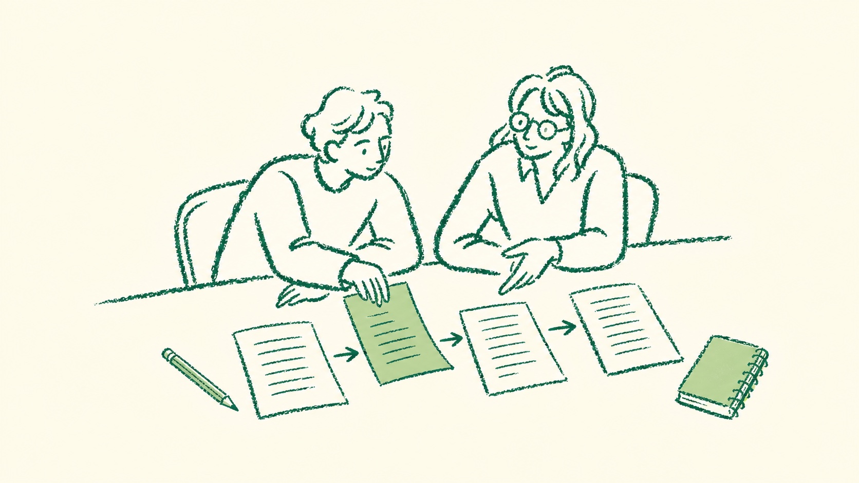 Student and tutor arranging essay pages from planning to revision