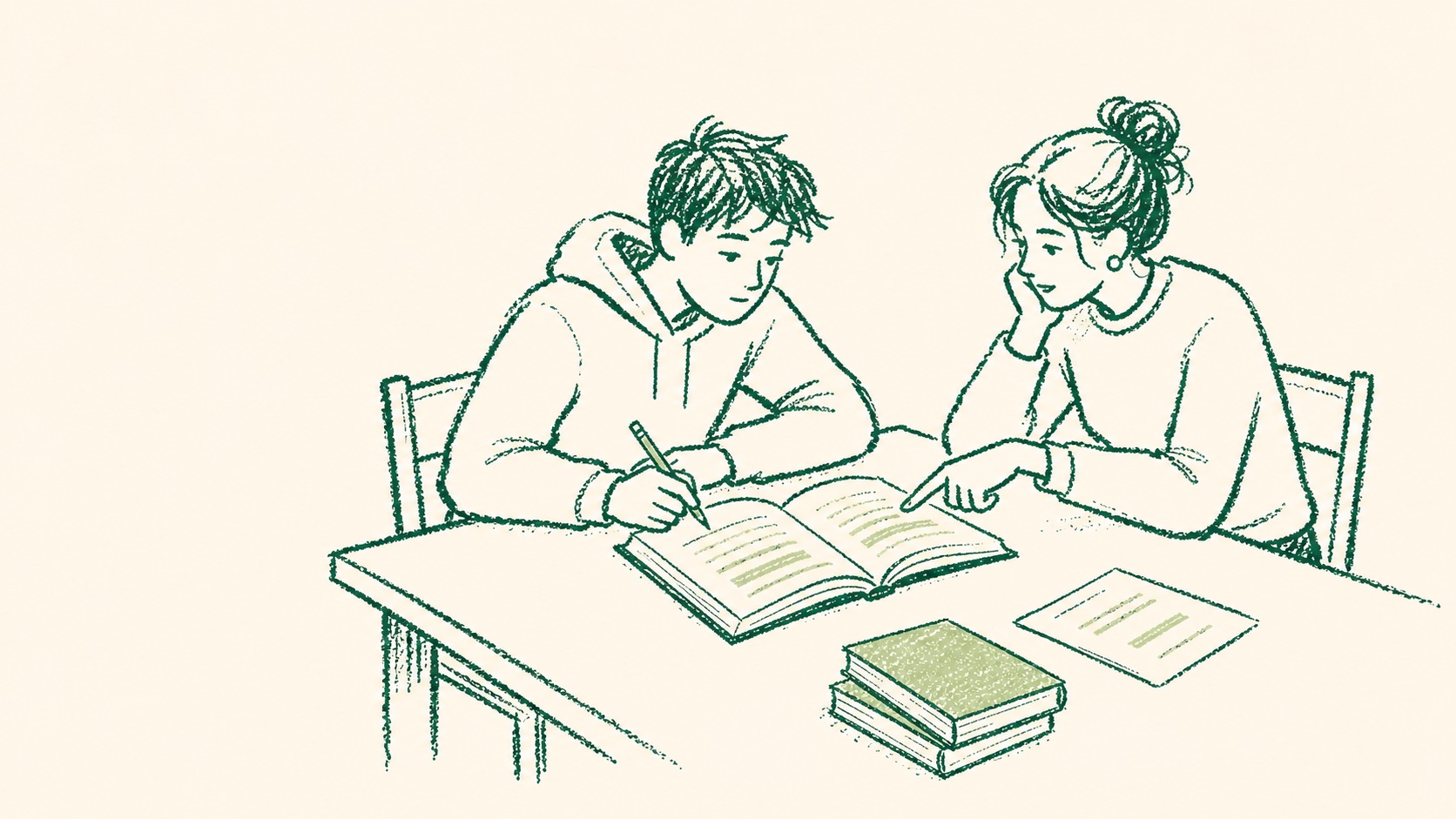 Student and tutor examining an open book together at a table